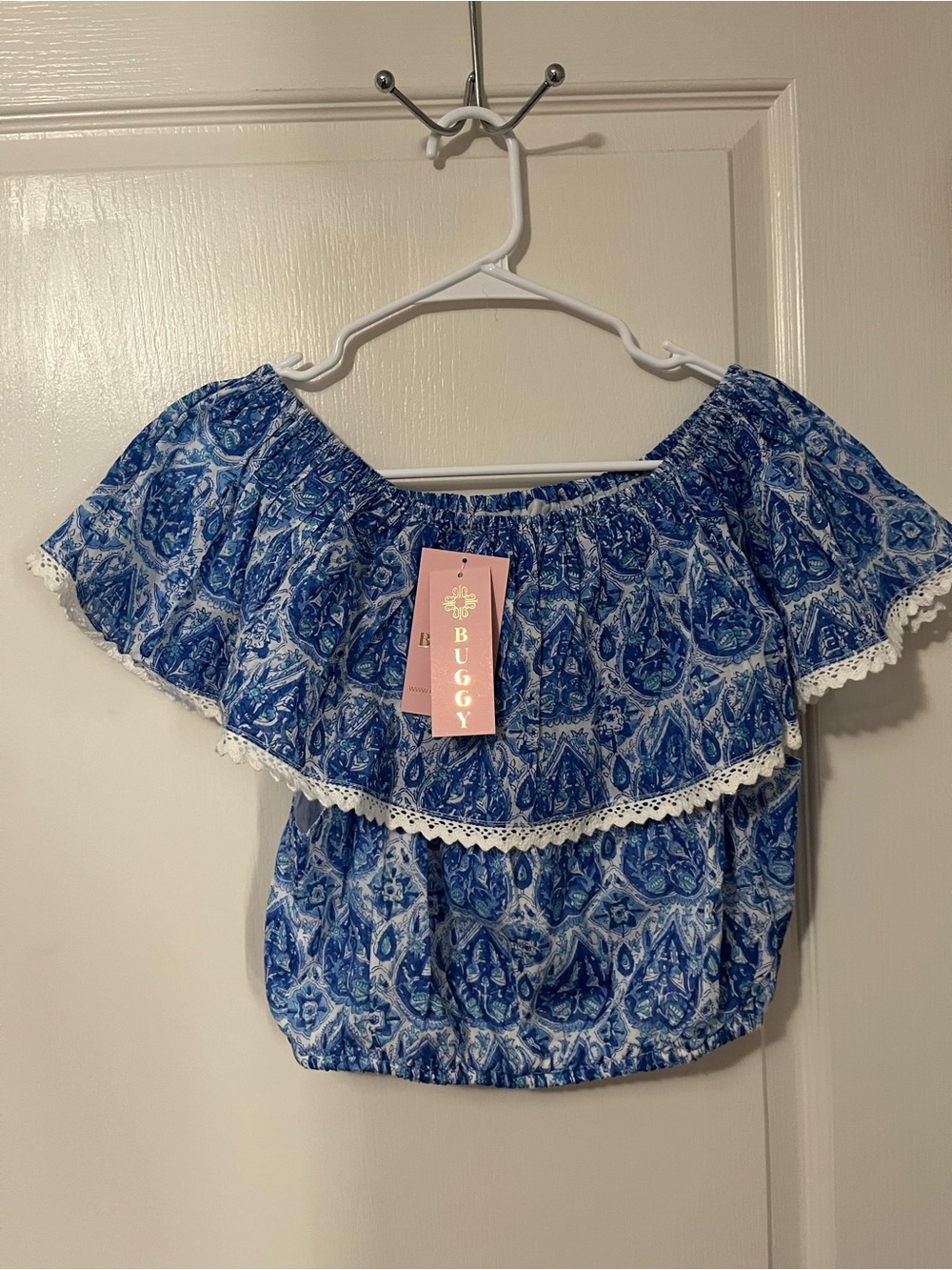 BUGGY Blue Paisley Off-Shoulder Ruffle Crop Top